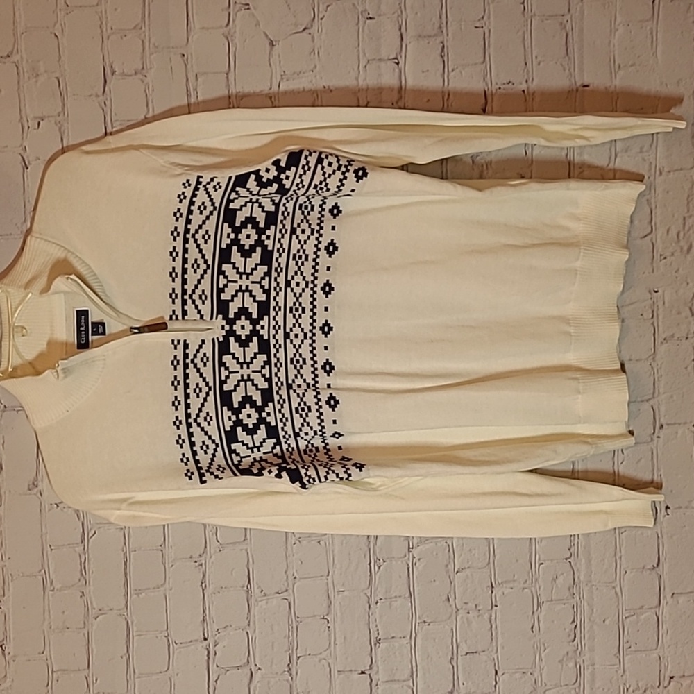 Men's Off White Sz Large Blue Snowflake Sweater Holiday 1/4 Zip Pullover